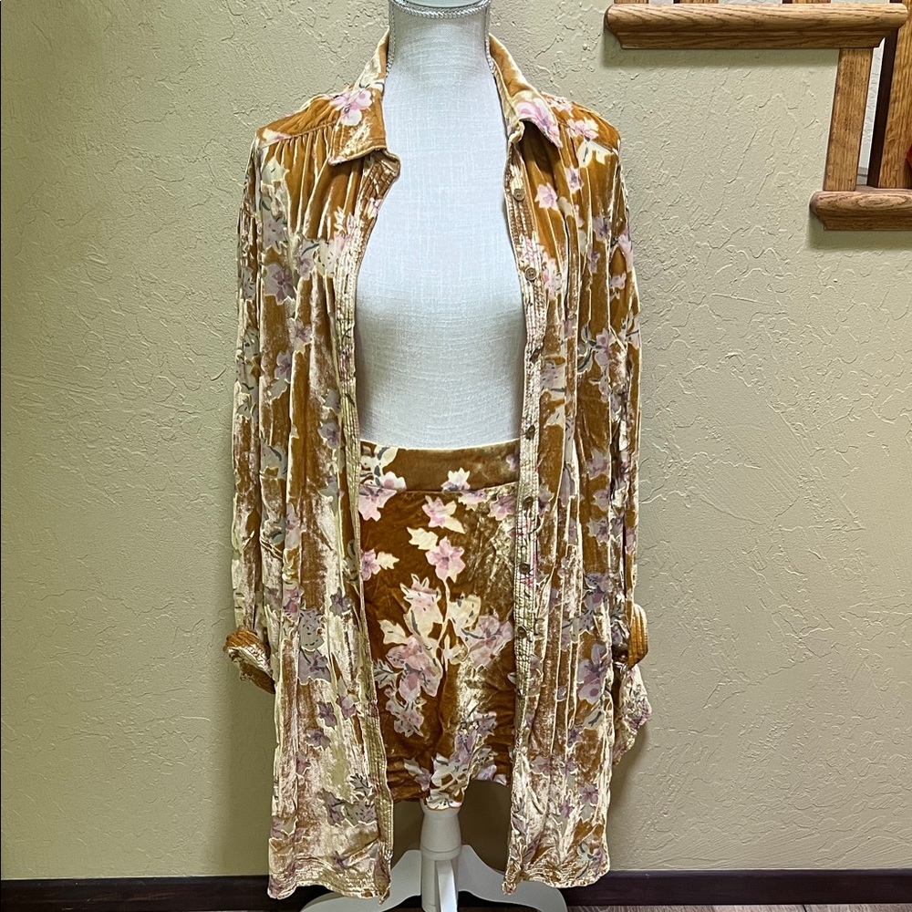 Free People Floral Velvet Shirt and Skirt Set